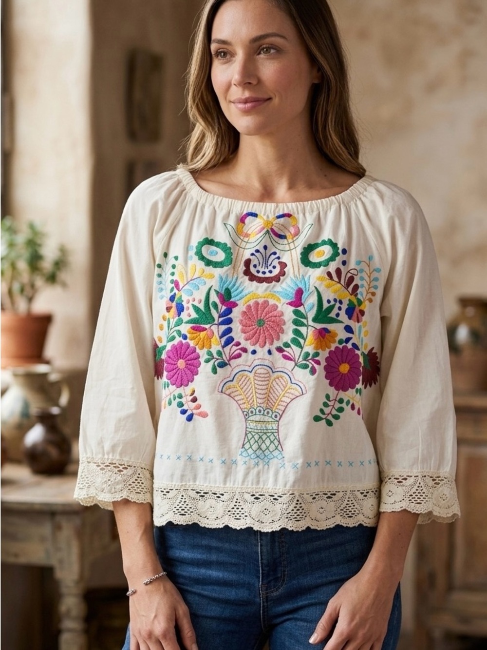 Boho Floral Embroidered Puff Sleeve Top with Lace Detail - White - Size S